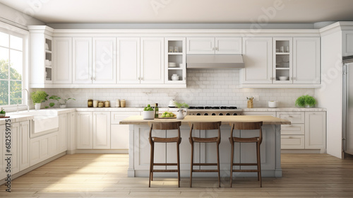 Kitchen with white cabinetry. bright, spacious and modern farmhouse style kitchen. generative ai