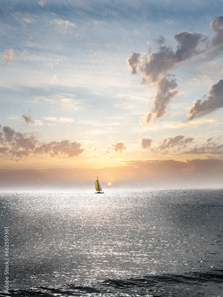 Beautiful catamaran on the sea at sunset - copy space
