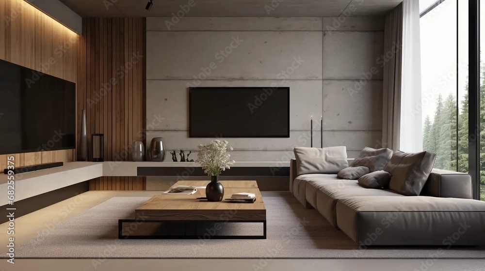 Fototapeta premium Living room with large TV on concrete wall, wall elements lined with wooden panels, gray sofa, modern interior