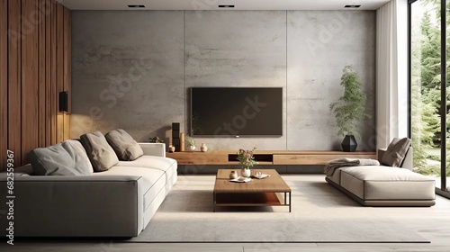 Living room with large TV on concrete wall  wall elements lined with wooden panels  gray sofa  modern interior