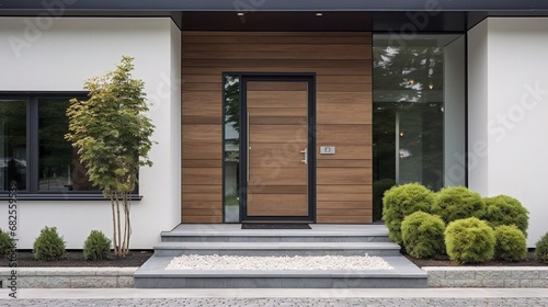 Modern main entrance wooden door with glass on the side, plants on the floor, stone wall. photo
