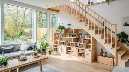 Interior living room with wooden stair case and garden outside.