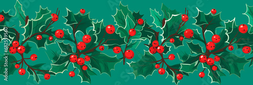 Red and green christmas banner background with holly berries for poster, cover, invitation, postcard, background, advertisement