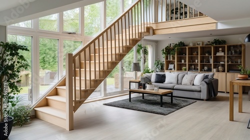Modern interior living room with staircase and garden outside.