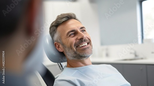 smiling adult man sitting in dentist chair. photo