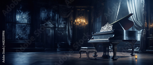 old dark piano in an empty old apartment lit by the moon and candles photo