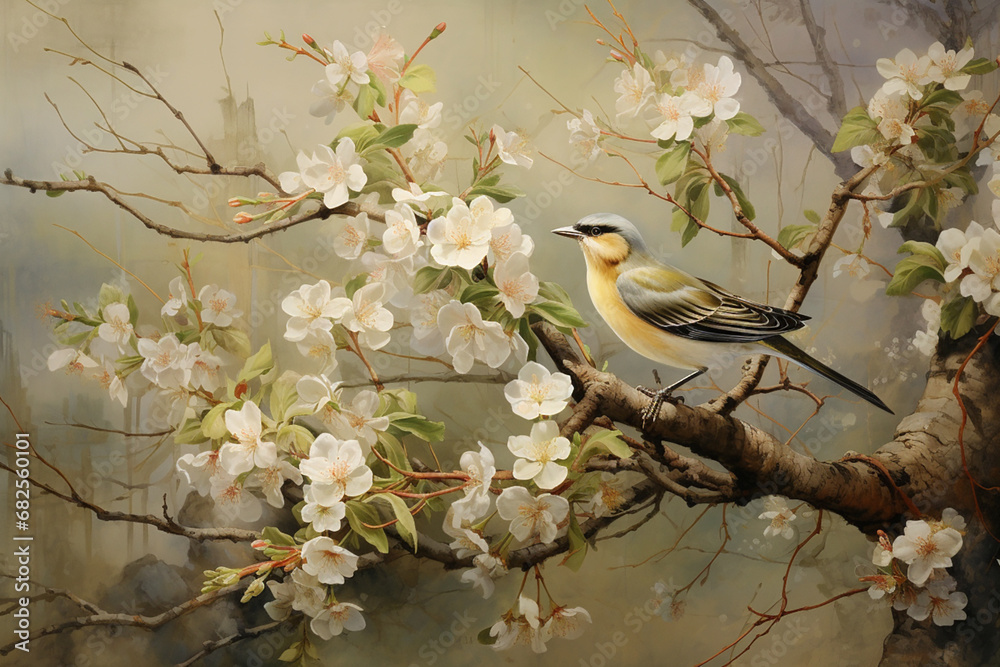 Fototapeta premium ancient chinese herbs being used for medicine, blossoming sakura branches and beautiful birds