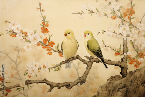 ancient chinese herbs being used for medicine, blossoming sakura branches and beautiful birds © shoer
