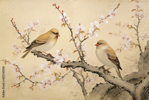 ancient chinese herbs being used for medicine, blossoming sakura branches and beautiful birds