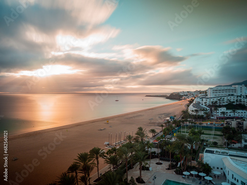 Beautiful sunset at Morro Jable Beach, Fuerteventura - top view - long exposure