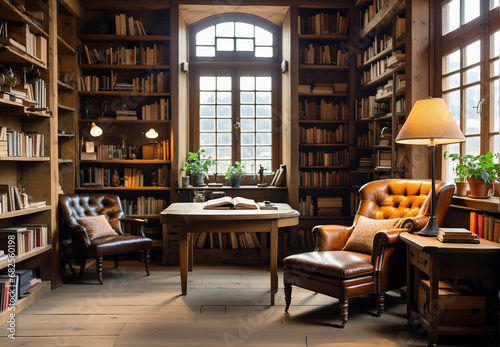 a home library, a room with shelves of books, a chair, a desk. © A_A88