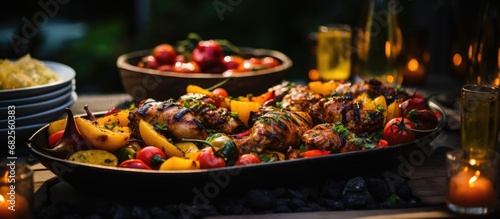 In the midst of a vibrant summer party, amidst the lush greenery of nature's embrace, smoke and the aroma of grilling meat filled the air as friends gathered around a crackling fire in the garden