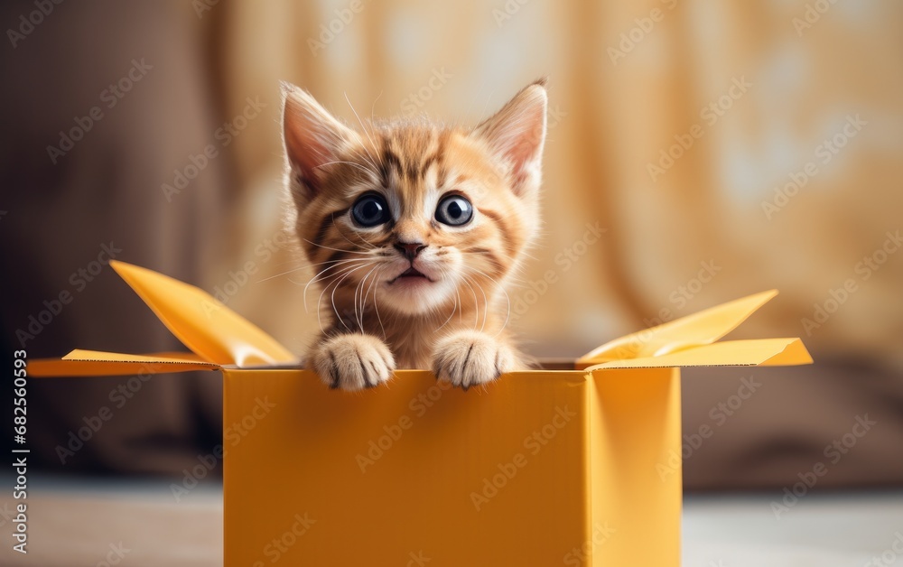 A little funny adorable kitty pops out of a gift box A little funny adorable kitty pops out of a gift box