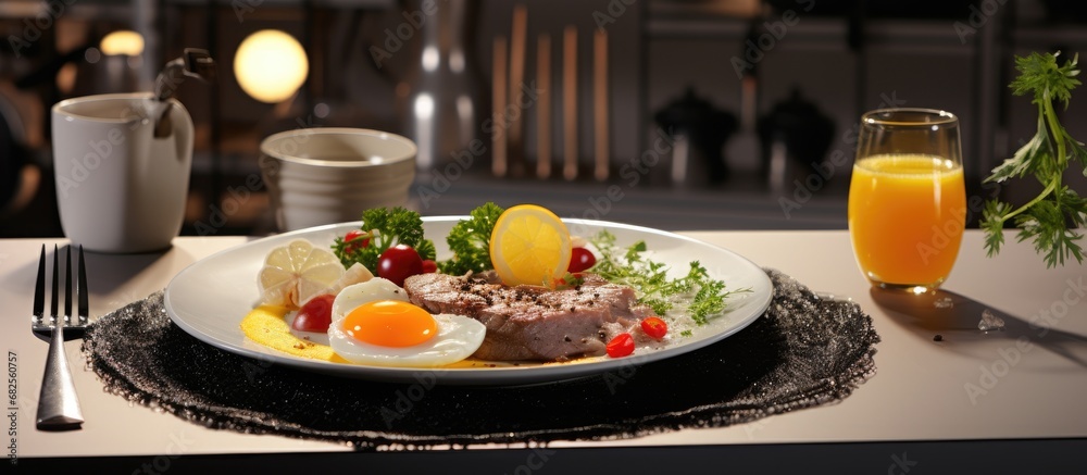 In the black and white kitchen, the chef prepared a healthy breakfast dish consisting of a baked yellow egg, roasted meat, and fried bread, a protein-rich meal for the food enthusiasts. In the black and white kitchen, the chef prepared a healthy breakfast dish consisting of a baked yellow egg, roasted meat, and fried bread, a protein-rich meal for the food enthusiasts.