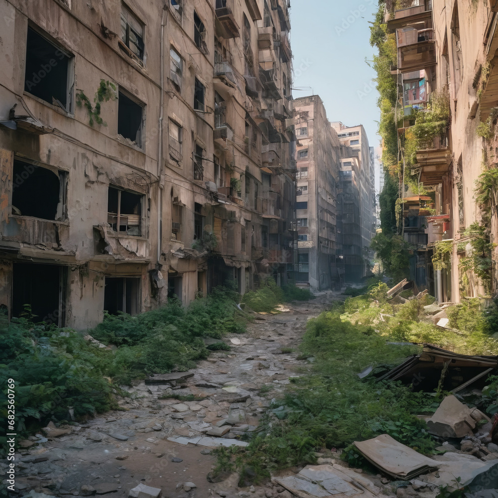 A post-apocalyptic vista shows gutted buildings framing a deserted street, nature overtakes a desolate street flanked by overgrown
