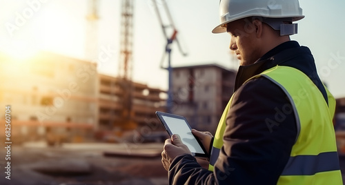 Side view of civil engineer or architect checking schedule on tablet at construction site.