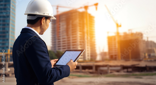 Back view of Asian civil engineer or architect using tablet on construction site.