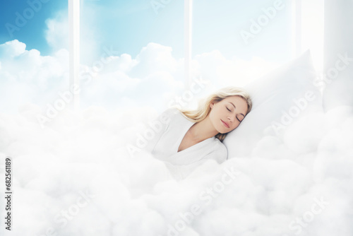 Woman Sleeping in Clouds. Sweet  Comfortable Sleep Concept
