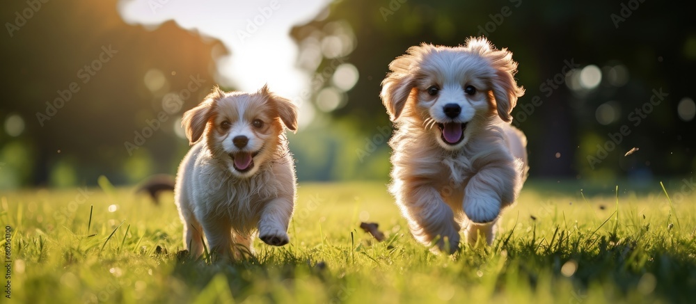 In the park in Maryland, a cute and happy puppy played on the grass, wagging its tail as its furry animal friend, a dog, joined in the outdoor fun. They enjoyed the sunny day, their domestic