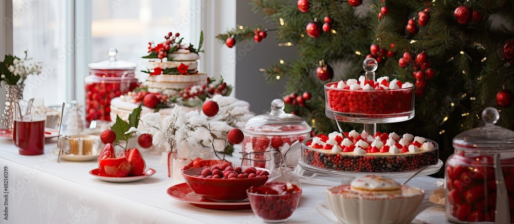 During the Christmas party, the vintage red table was adorned with a snow-white tablecloth, while a winter tree stood tall in the corner, decorated with green ornaments and white snowflakes. The aroma