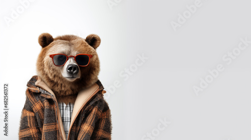 Portrait of stylish bear isolated on grey background with space for text. A large brown bear in a jacket and sunglasses isolated on a white horizontal background with copy space . Poster design.