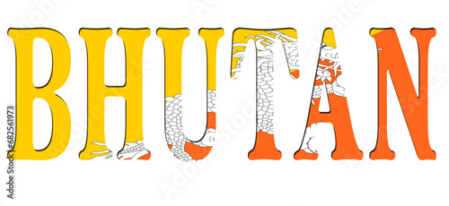 3d design illustration of the name of Bhutan. Filling letters with the flag of Bhutan. Transparent background.