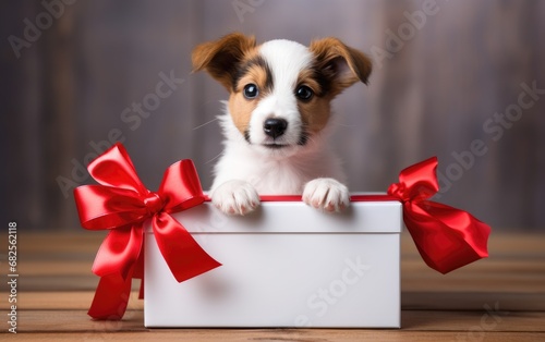 A little funny adorable puppy dog pops out of a gift box