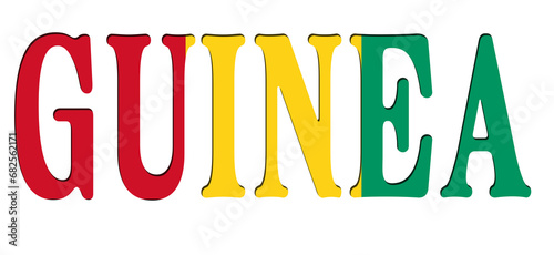 3d design illustration of the name of Guinea. Filling letters with the flag of Guinea. Transparent background.