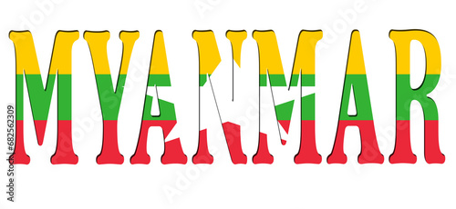 3d design illustration of the name of Myanmar. Filling letters with the flag of Myanmar. Transparent background.