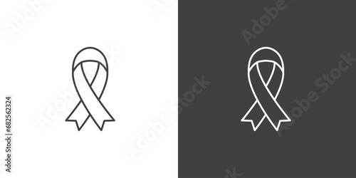 Black awareness ribbon icon on black and white background. Vector symbol of grief and melanoma. Terrorism. Mourning ribbon icon, a symbol of mourning for death.