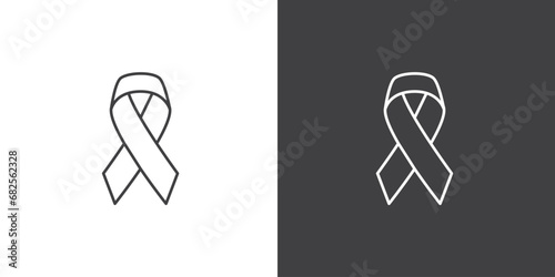 Line illustration of black awareness ribbon on black and white background. Vector symbol of grief and melanoma. Terrorism. Mourning ribbon icon, a symbol of mourning for death.