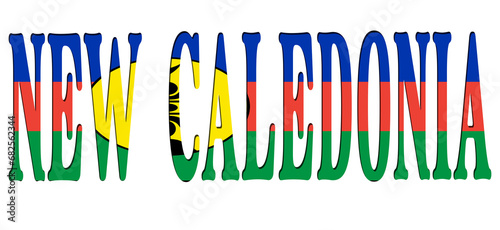 3d design illustration of the name of New Caledonia. Filling letters with the flag of New Caledonia. Transparent background.