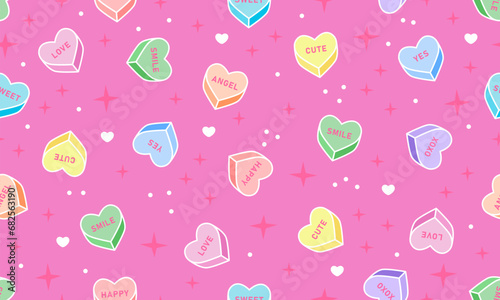 Seamless pattern with sweet heart candy. Sweetheart candies background, conversation sweets for valentines day, valentine sugar food hearts. Heart shape message letter candy background
