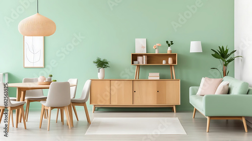Mint color chairs at round wooden dining table in room with sofa and cabinet near green wall. Scandinavian, mid-century home interior design of modern living room © Alin