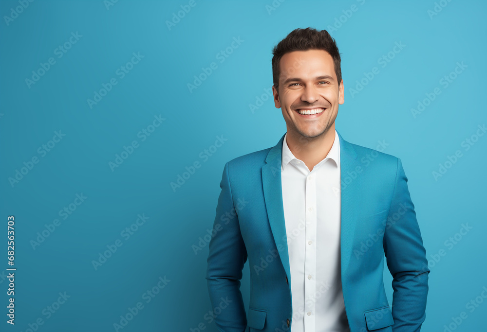 Portrait of cheerful businessman pointing at copy space for advertising against blue background 