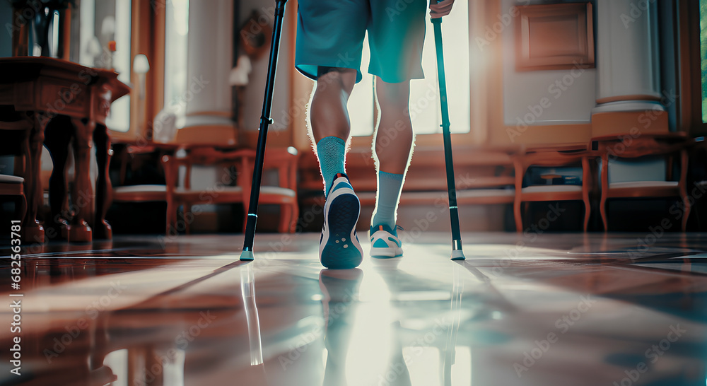 An athlete's knee injury. Recovery by walking with crutches. - obrazy, fototapety, plakaty 