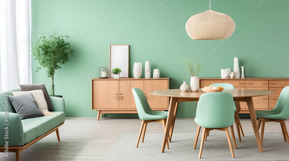 Mint color chairs at round wooden dining table in room with sofa and cabinet near green wall. Scandinavian, mid-century home interior design of modern living room Mint color chairs at round wooden dining table in room with sofa and cabinet near green wall. Scandinavian, mid-century home interior design of modern living room