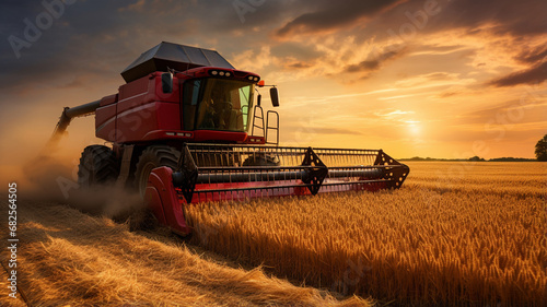combine harvester working in wheat field at sunset. photo