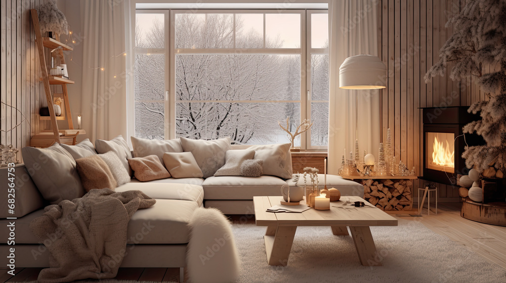 salón con decoración moderna tipo escandinava en tonos claros beige con chimenea y ventanal central con vistas al campo nevado