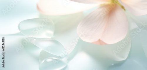 Extreme close-up of delicate flower petals, gentle pastel mint green and muted blush lime, in the style of botanical photography, depth of field, serene visuals, minimalistic simplicity,