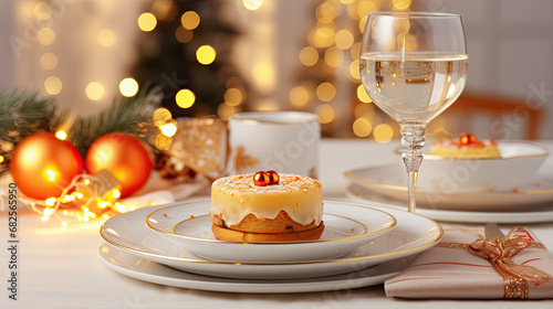 postre navideño sobre mesa decorada para cena con fondo de árbol y luces navideñas photo