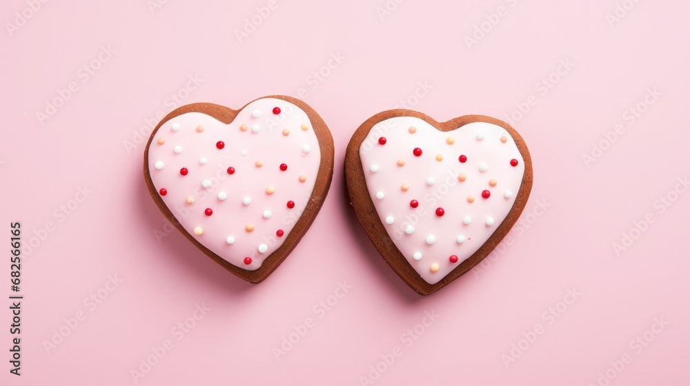 Heart-shaped cookie with pink icing and colorful sprinkles.