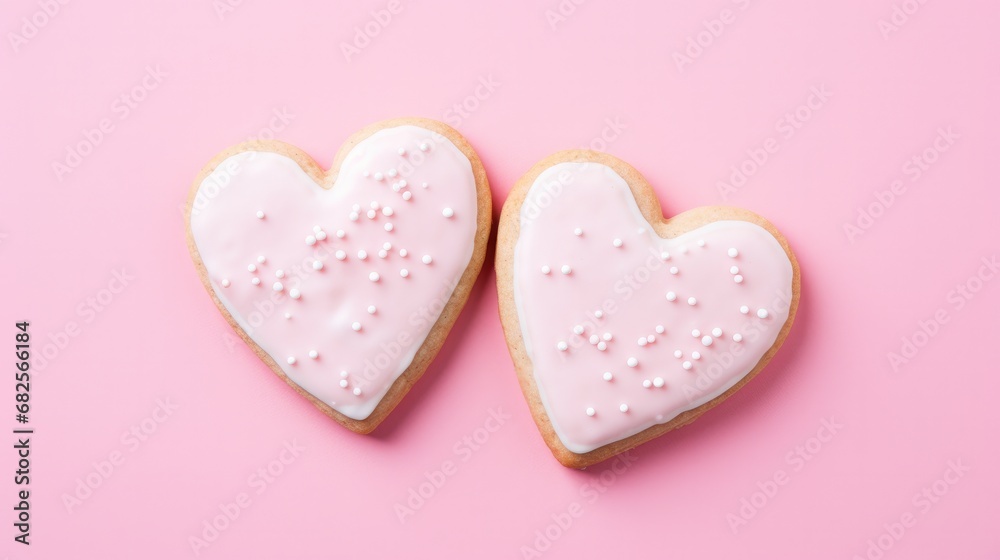 wo heart-shaped cookies with pink icing and white sprinkles on a pink background.