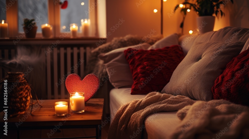 Cozy Valentine's setting with heart-shaped decor and candles on a coffee table.