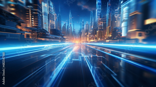 Long exposure of speeding blue car in the middle of highway of huge city with skyscrapers. Blue light trails and blurred lights speed motion blur background.