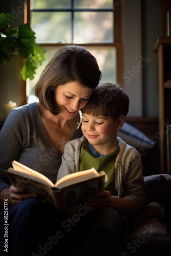 A mother is reading a children's book to her son in a cozy, warm setting