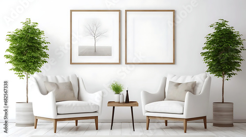 Two armchairs in room with white wall and big frame poster on it. Scandinavian style interior design of modern living room © Alin