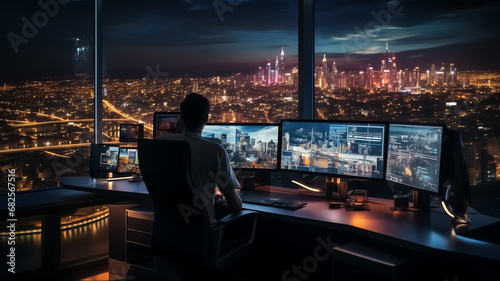 A businessman sitting in his office and working on project. Office have wide big windows and beautiful city view. Business concept.Modern office with computers. photo