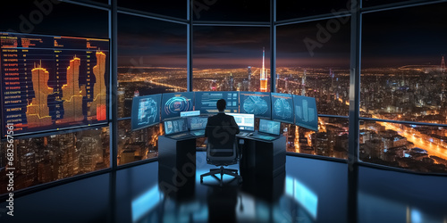 A businessman sitting in his office and working on project. Office have wide big windows and beautiful city view. Business concept.Modern office with computers.
