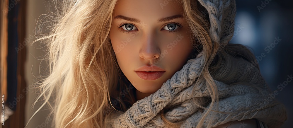 The young woman with a dreamy expression on her face, her beautiful gray eyes glistening, is wearing a cozy gray sweater and a warm scarf to shield herself from the freezing cold, while her blonde The young woman with a dreamy expression on her face, her beautiful gray eyes glistening, is wearing a cozy gray sweater and a warm scarf to shield herself from the freezing cold, while her blonde